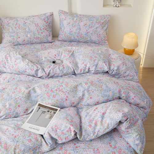 Blue Floral Queen Comforter Set Vintage Botanical Flowers Bedding Set