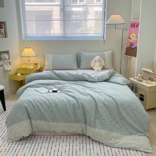 Lace Comforter Set Full Size Cute Black Dots Bedding Set Lightweight Soft Girls Princess Style Comforter with 2 Pillowcases Romantic Lace Design Chic Polka Dots Comforter Set for All Seasons