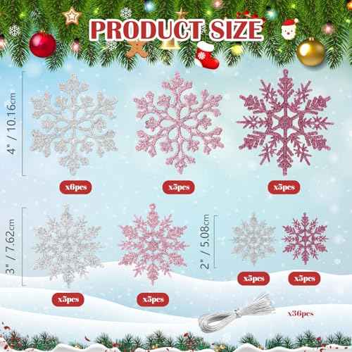 36pcs Pink Silver Christmas Snowflake Ornaments (36 Count)