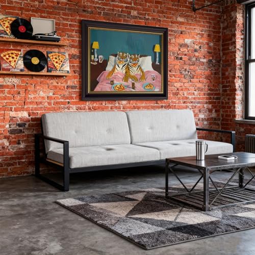 Framed Funny Tiger Pizza Wall Art Dark Brown Frame Bedroom Picture Print Vintage Fun Tigers Couple Canvas Wall Decor Maximalist Blue Pink Eclectic Jungle Animal Paintings