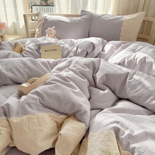 Purple Gingham Comforter Set Twin XL Fluffy Soft Princess Style Girls Lace Bedding Set Cottagecore Cute Plaid Checkered Comforter with 2 Pillowcases Chic Gingham Bedding Grid Comforter Set
