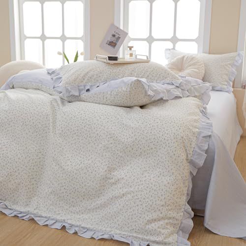 King Comforter Set Blue Floral Comforter King Vintage Floral Bedding Comforter Boho Ruffle Comforter Set Cottagecore Flower Botanical Comforter with 2 Pillowcases Fluffy Soft Comfy Comforter Set