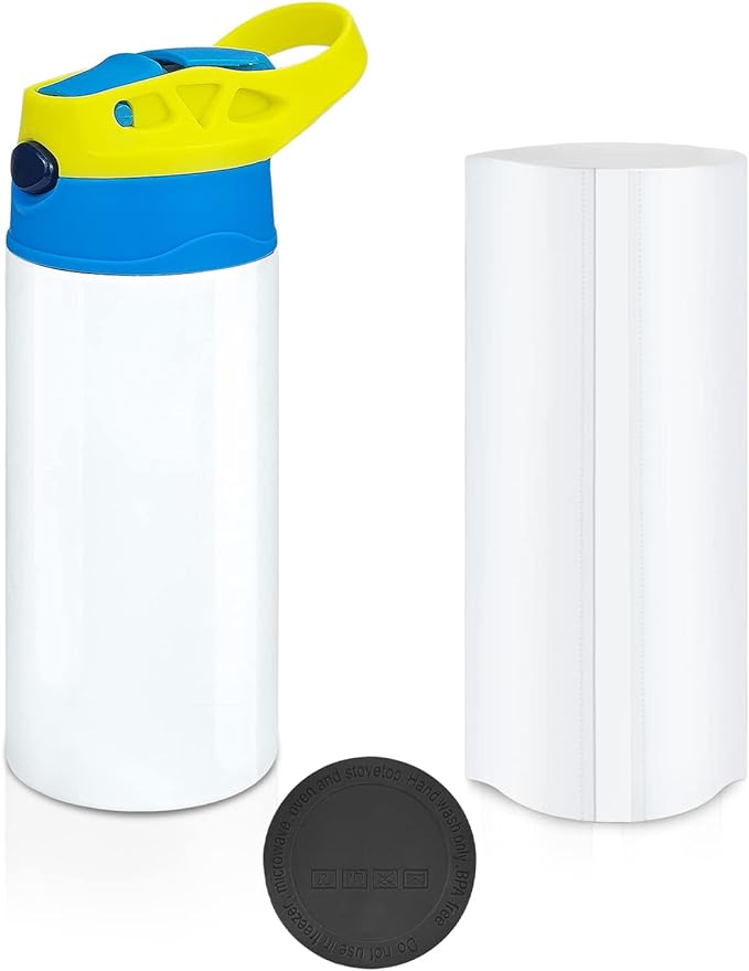 Kids Sublimation Tumbler,12oz Sublimation Water Bottle Blanks,Straight Stainless Steel Todder Sippy Cup,Double Wall Insulated Sippy Tumbler with Handle,Shrink Films,Leak Proof (Yellow)