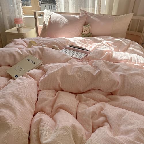 Pink Gingham Comforter Set Queen 3 Pieces Princess Lace Bedding Set Vintage Plaid Checkered Comforter with 2 Lace Pillowcases Soft Breathable Pink Grid Comforter Set for Girls Teens Women