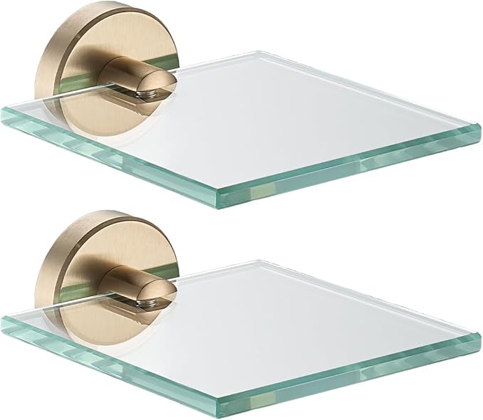 JQK Small Floating Glass Shelves Champagne Bronze, 4 Inch Display Ledges for Wall, Mini Decor, Living Room Bedroom Bathroom, Tempered Glass Shower Storage, 2 Pack, TGS101L4-CB-P2