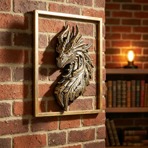 Gold Dragon Head Wall Decor with Metal Frame