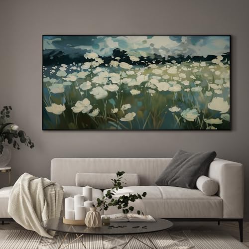 24"x46" Extra Large Framed Wall Art White Wildflower Field in Impressionist Style