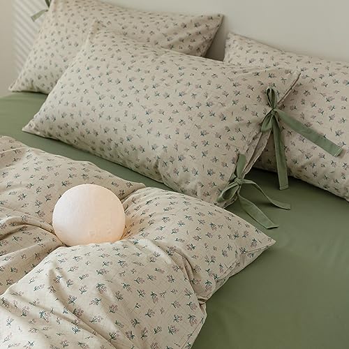 Vintage Green Floral Comforter Set King Aesthetic Flower Printed Floral Bedding Comforter Set Garden Style Botanical Comforter with 2 Bow Ties Pillowcases Soft Fluffy Farmhouse Bedding Set King (3 Piece Set)
