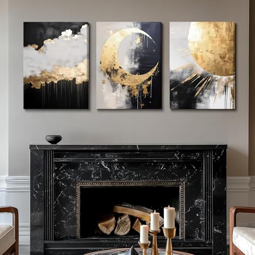3Pcs Framed Black and Gold Abstract Canvas Wall Art (3 Count)