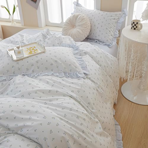 Blue Floral Comforter Set Twin XL Botanical Ruffle Bedding Comforter Fluffy Soft Aesthetic Coquette Bedding Set Girls Cottagecore Blue Flowers Comforter Set with 2 Pillowcases for All Seasons