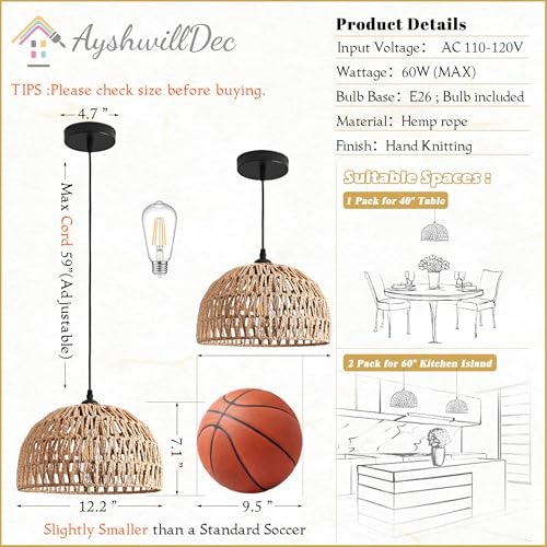 2 Pack Hemp Rope Woven Pendant Light Woven Light Fixture Boho Chandelier Light Fixture Wicker Pendant Lights Rattan Dome Wicker Chandelier for Dining Room Kitchen Island