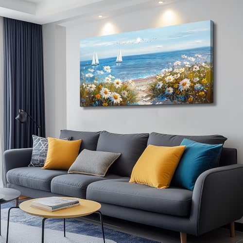 Home Decor Printing Canvas Picture Blue Ocean Landscape Painting Wall Art For Living Room Farmhouse Dinin Mural White Flowers Bedroom Office Wall Decoration Artwork Easy To Hang 20x40 In