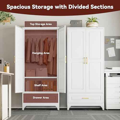 71" Tall Wardrobe Closet with Doors and Adjustable Shelves