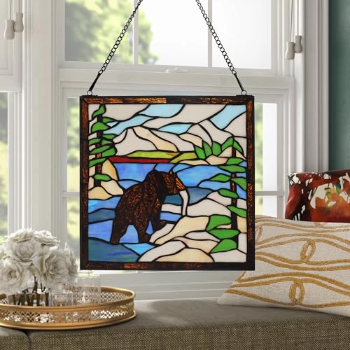 Stained Glass Window Hanging 12" Square Tiffany Animal Style Brown Bears Suncatcher Wall Decor Art Panel Includes 20" Chain and Hooks The Perfect Housewarming Gift
