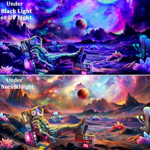 Blacklight Astronaut Tapestry UV Reactive Galaxy Space Tapestry Glow in The Dark Trippy Universe Planet Tapestries Neon Starry Sky Wall Hanging Decor for Home