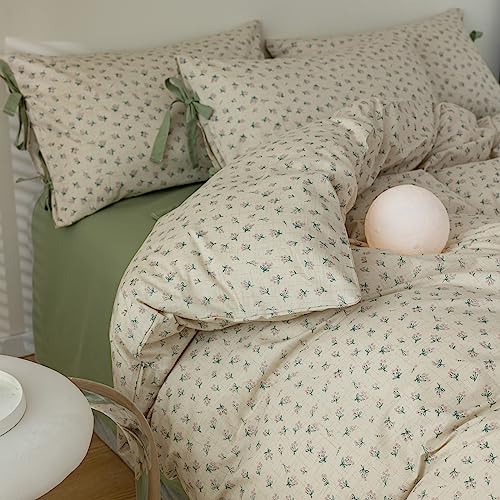 Vintage Green Floral Comforter Set King Aesthetic Flower Printed Floral Bedding Comforter Set Garden Style Botanical Comforter with 2 Bow Ties Pillowcases Soft Fluffy Farmhouse Bedding Set King (3 Piece Set)