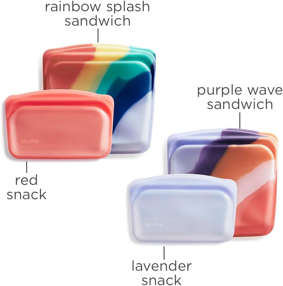 Stasher Premium Silicone Reusable Food Storage Bags, 4-Pack, Multi, Multi-Use Food Storage Bags, Lunch Bag, Travel Containers, BPA Free, Leak-free, Dishwasher-Safe, Eco-friendly