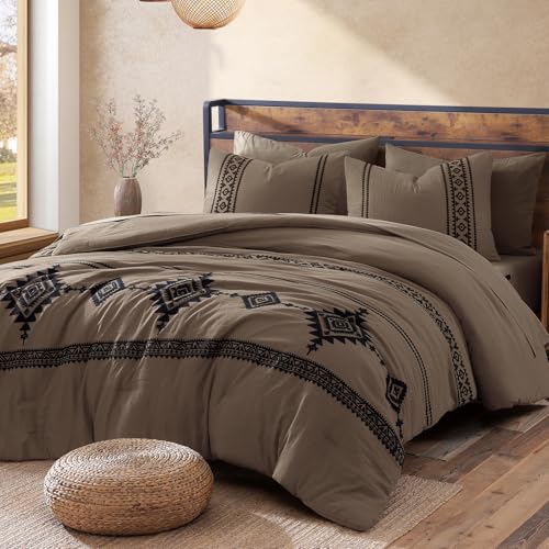 Embroidery King Size Comforter Set 7 Pieces Taupe Grey Bed in a Bag
