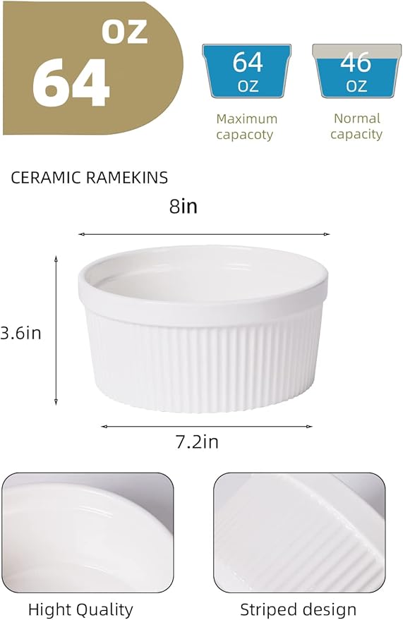 64 oz Ramekins 1 pcs Porcelain Ramekins Dishes for Souffle,Creme Brulee, Pudding, Custard Cups,Bakeware Bowls Set for Baking,Oven Safe, White (8 inch)
