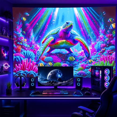 Blacklight Tapestry Sea Turtle Neon Wall Art 78 x 59 Inch