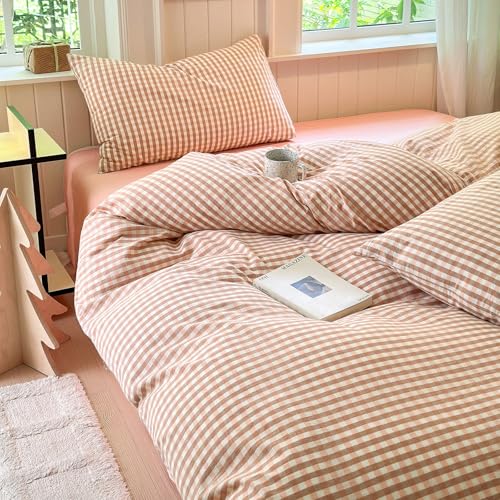 Queen Comforter Set 3 Pieces Pink Gingham Comforter Modern Style Blush Plaid Comforter Set Fluffy Soft Farmhouse Gingham Bedding Grid Checkered Comforter Queen with 2 Pillowcases