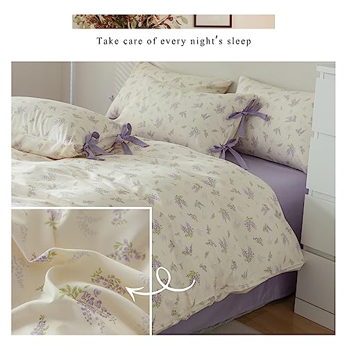 Lilac Floral Comforter Set Full Size Purple Flower Comforter with 2 Bow Ties Pillowcases Cute Floral Bedding Set Vintage Botanical Comforter Set for Girls Women Soft Fluffy Bed Set for All Season