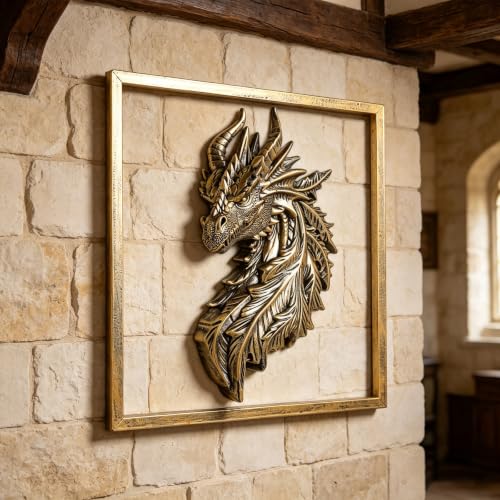 Gold Dragon Head Wall Decor with Metal Frame