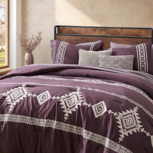 Embroidery Queen Comforter Set 7 Pieces Purple Western Bed in a Bag