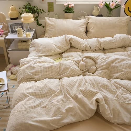 Tan Gingham Comforter Set Full Romantic Lace Style Beige Taupe Plaid Comforter Set 3 Pieces Vintage Checkered Grid Comforter with 2 Pillowcases Fluffy Soft Farmhouse Gingham Bedding Set