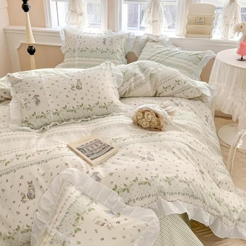 Botanical Floral Comforter Set Full Size Cute Flower Leaves Rabbit Pattern Comforter Reversible Green Plaid Comforter Girls Princess Bedding Set Lace Ruffle Comforter Set for Kids Teen Girls (3 Count)