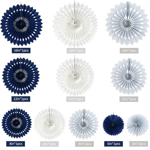 Honeycomb Round Paper Fan Blue Gray White Hanging Party Decoration (11 Count)