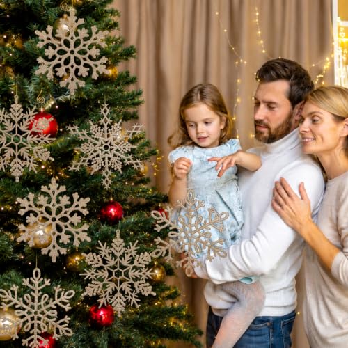 12pcs Large Champagne Gold Snowflakes Ornaments 12” Big Plastic Glitter Snowflake for Winter Indoor Outdoor Christmas Tree Window Room Decorations Giant Craft Snowflakes (12 Count)