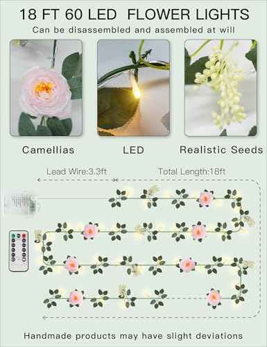 60LED Garland with Pink Camellia Lights Battery Operated Clear Wire