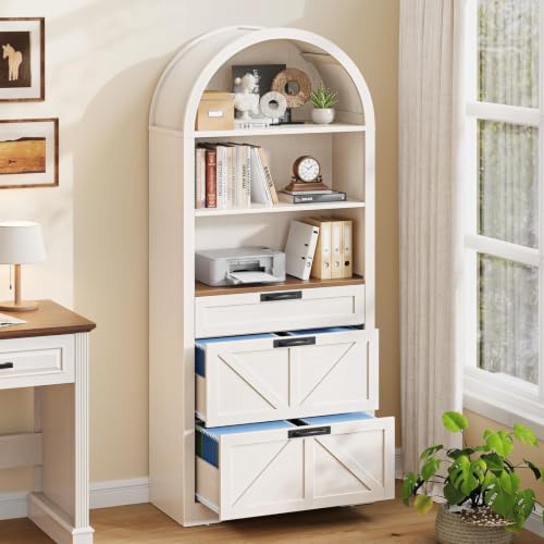 71" Tall Arched Bookcase with File Cabinet Drawers
