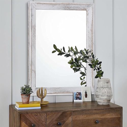 Mirrors for Wall Rustic Wood Framed Hanging Mirror 26"x18" Decorative for Farmhouse Bedroom Bathroom Living Room Entryway Hallway White