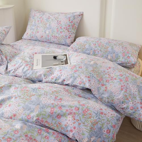 Blue Floral Queen Comforter Set Vintage Botanical Flowers Bedding Set