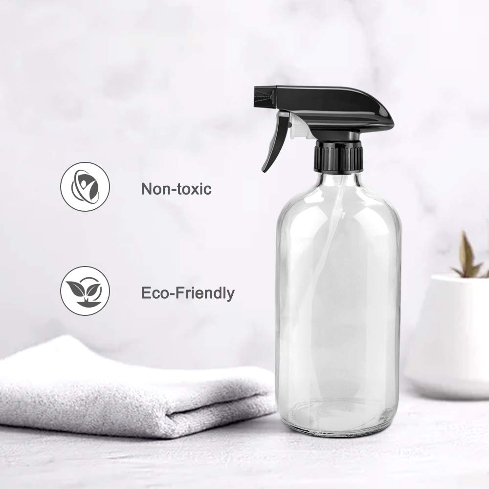 Glass Spray Bottles, 16oz Refillable Containers, Empty Boston Round Bottles with Labels & Adjustable Nozzle for Cleaning, Gardening, Aromatherapy, Pets, Plant, Hair -Clear (1 Pack)