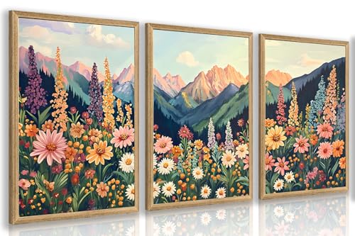 Wood Framed Boho Moutain Wildflower Wall Art Set of 3 (3 Count)