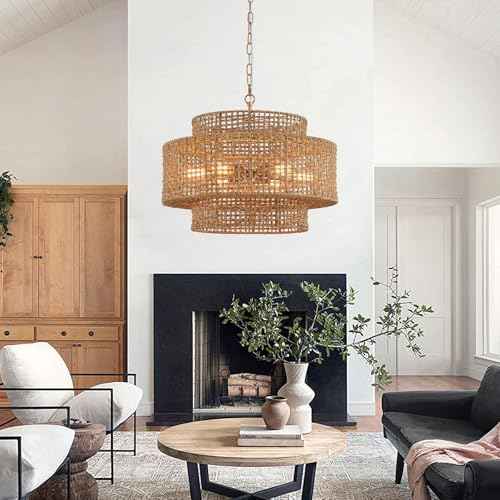 23.8" Gold Rattan Chandelier