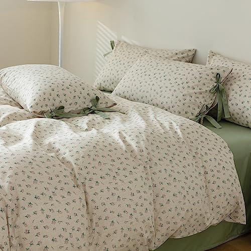 Vintage Green Floral Comforter Set King Aesthetic Flower Printed Floral Bedding Comforter Set Garden Style Botanical Comforter with 2 Bow Ties Pillowcases Soft Fluffy Farmhouse Bedding Set King (3 Piece Set)