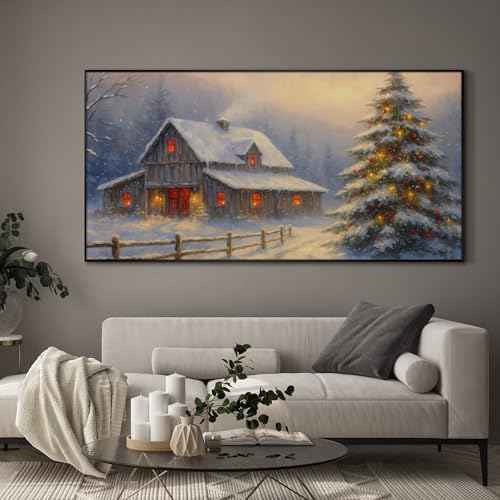 24"x46" Extra Large Framed Wall Art Rustic Winter Cabin with Christmas Tree and Snowy Landscape for Home Living Room Bedroom Decor