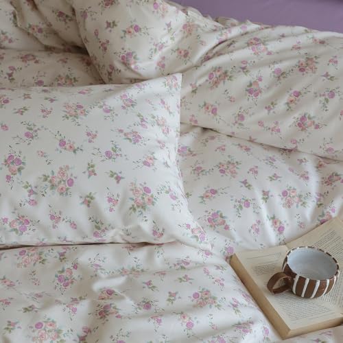 Vintage Garden Floral Comforter Set Queen Cute Pink Floral Bedding Comforter for Queen Bed Reversible Botanical Flowers Comforter with 2 Pillowcases Girls Cottagecore Bedding Comforter Set (3 Piece Set)