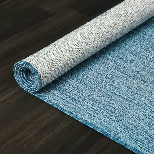 Washable Indoor Outdoor Rug Weather Resistant Carpet Modern Solid for Porch Deck Balcony Backyard Patio Rug 10x14 Aqua Blue
