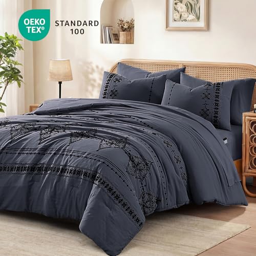 King Size Comforter Set Embroidery Floral 7 Pieces Bed in a Bag