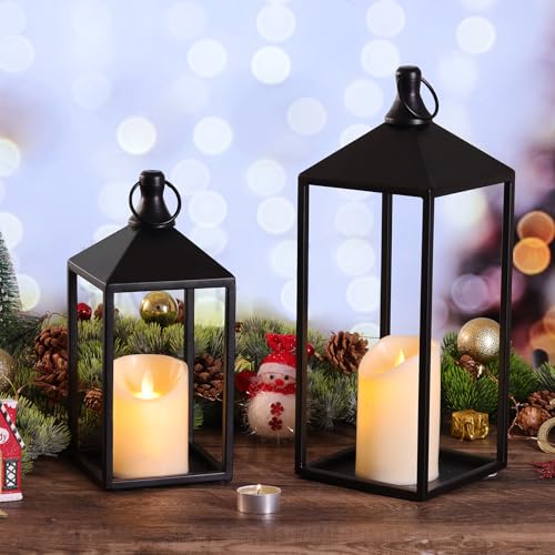 2 Pcs Black Decorative Metal Lanterns Farmhouse Lantern Decor with Candles (70 Count)