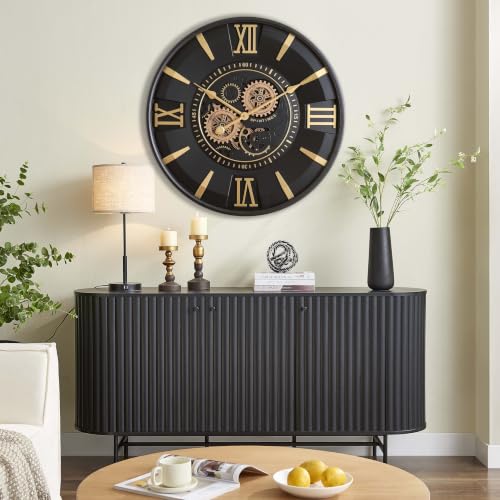 Mid Century Modern Black Gold 24 Inch Wall Clock with Moving Gears