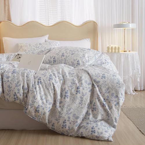 Vintage Flower Comforter Set King Blue Floral Bedding Comforter Cottagecore Flower Botanical Comforter Set Fluffy Soft Coquette Bedding King Size Lightweight Boho Floral Comforter with 2 Pillowcases (3 Piece Set)