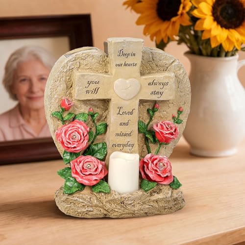 Solar Lights for Cemetery Memorial Cross Statue with LED Lights & Roses