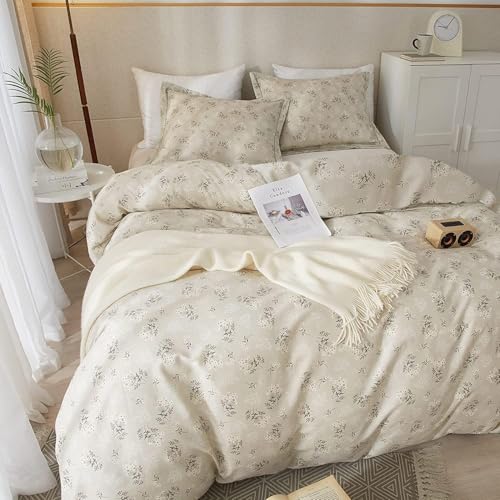 Vintage Boho Floral Comforter Set Queen Soft Fluffy Beige Floral Bedding Comforter Set 1 Queen Comforter with 2 Pillowcases Garden Style Vintage Flower Botanical Comforter Set for All Seasons