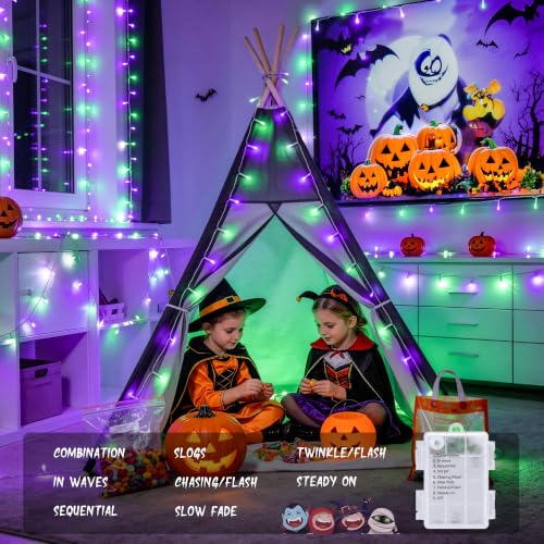 2 Pack 66FT 200 LED Battery Operated Halloween Lights with Remote (100 Count)